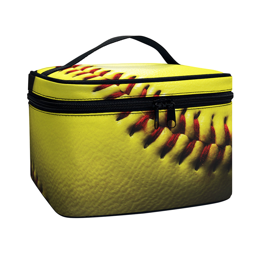 Yellow Softball Ball Print Travel Makeup Bag