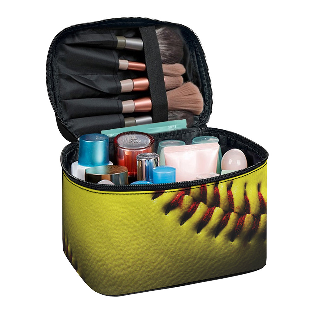Yellow Softball Ball Print Travel Makeup Bag