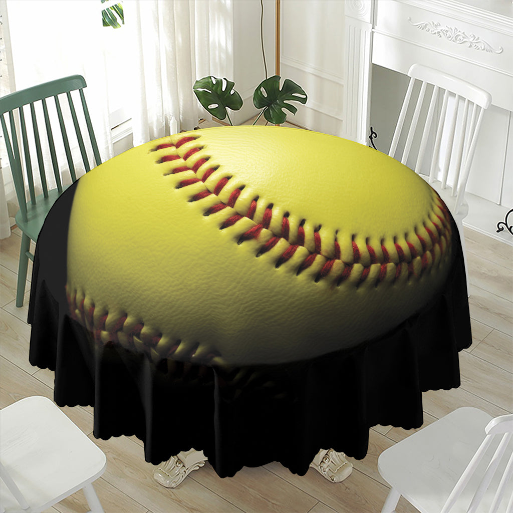 Yellow Softball Ball Print Waterproof Round Tablecloth