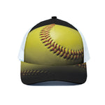 Yellow Softball Ball Print White Mesh Trucker Cap