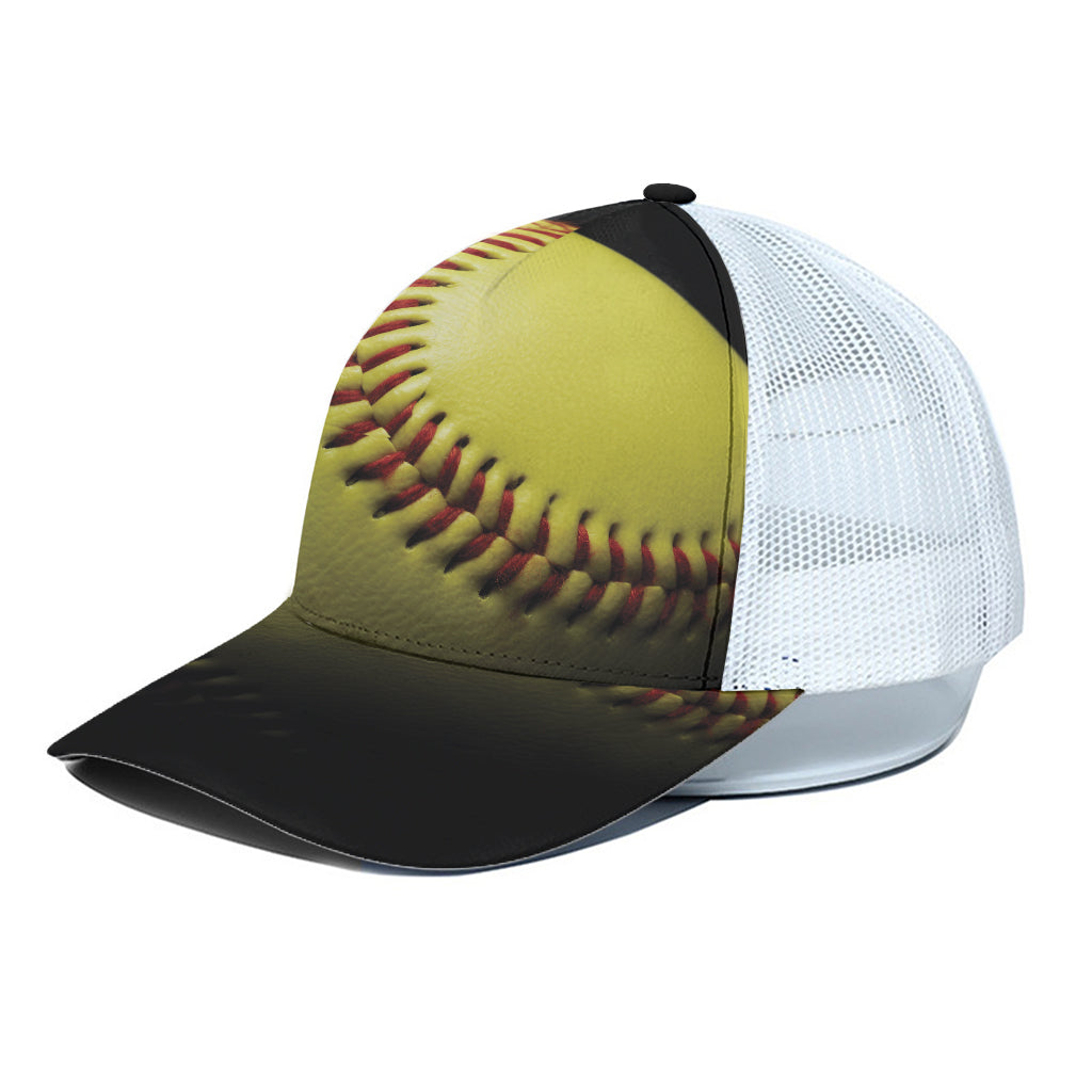 Yellow Softball Ball Print White Mesh Trucker Cap