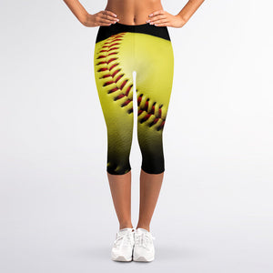 Yellow Softball Ball Print Women's Capri Leggings