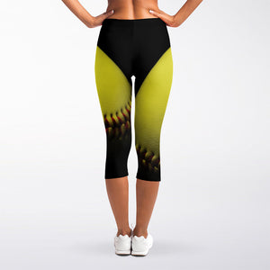 Yellow Softball Ball Print Women's Capri Leggings