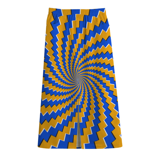 Yellow Spiral Moving Optical Illusion Cotton Front Slit Maxi Skirt