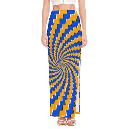 Yellow Spiral Moving Optical Illusion High Slit Maxi Skirt