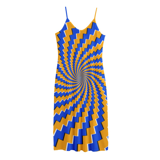 Yellow Spiral Moving Optical Illusion Jersey Midi Cami Dress