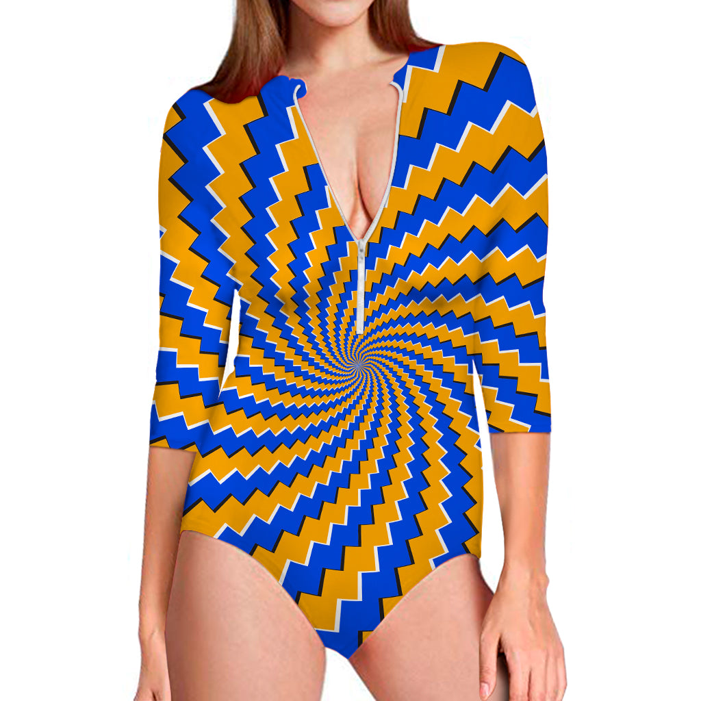 Yellow Spiral Moving Optical Illusion Long Sleeve Swimsuit