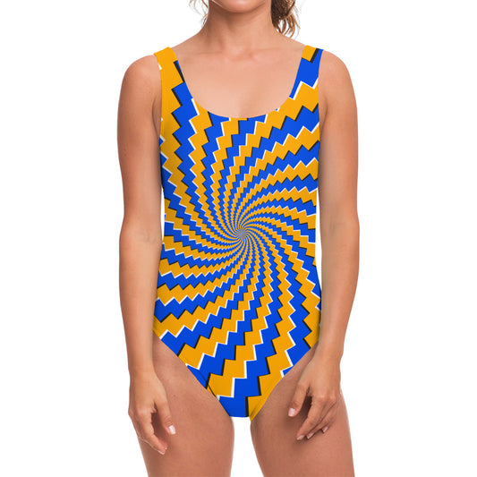 Yellow Spiral Moving Optical Illusion One Piece Swimsuit
