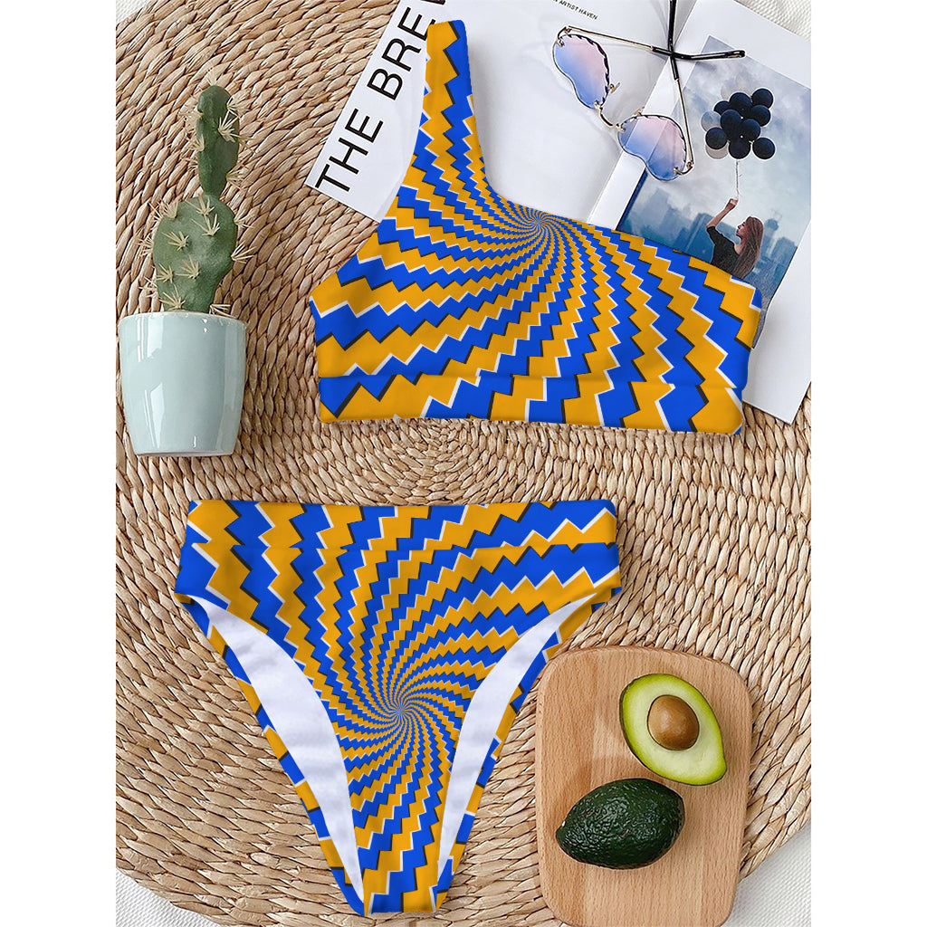 Yellow Spiral Moving Optical Illusion One Shoulder Bikini Top