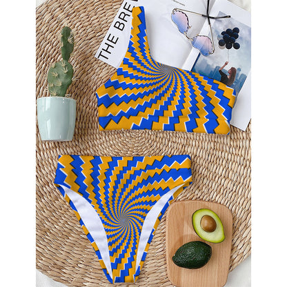 Yellow Spiral Moving Optical Illusion One Shoulder Bikini Top