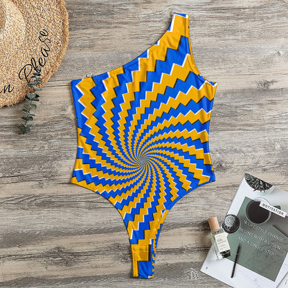 Yellow Spiral Moving Optical Illusion One Shoulder Bodysuit