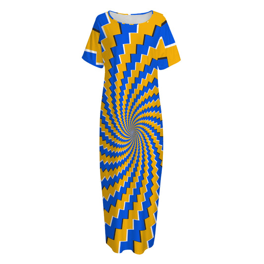 Yellow Spiral Moving Optical Illusion Short Sleeve Long Nightdress