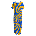 Yellow Spiral Moving Optical Illusion Short Sleeve Long Nightdress