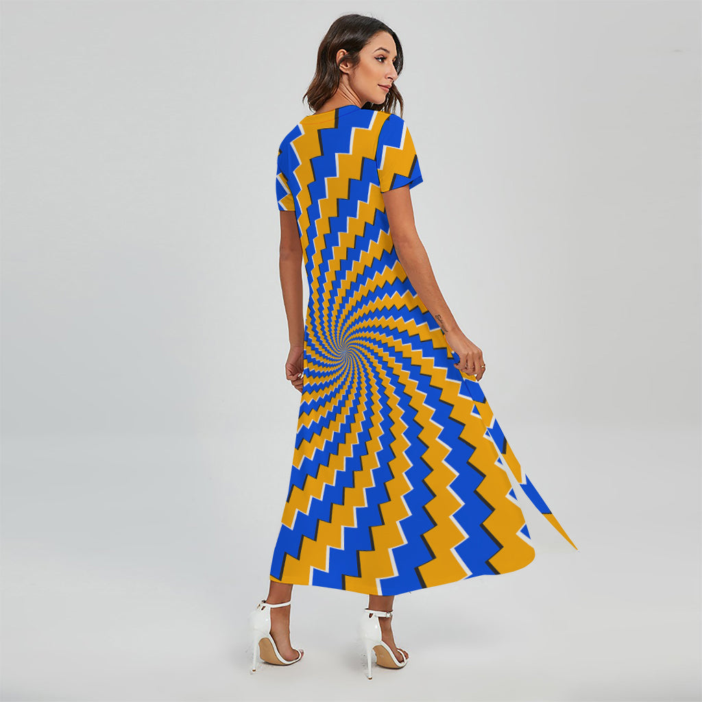 Yellow Spiral Moving Optical Illusion Short Sleeve Maxi Dress