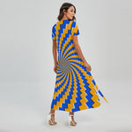 Yellow Spiral Moving Optical Illusion Short Sleeve Maxi Dress