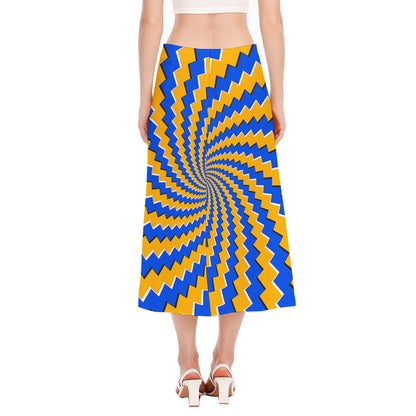 Yellow Spiral Moving Optical Illusion Side Slit Midi Skirt