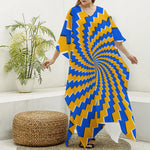 Yellow Spiral Moving Optical Illusion Silk V-Neck Kaftan Dress