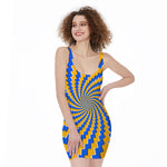 Yellow Spiral Moving Optical Illusion Sleeveless Bodycon Dress