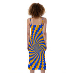 Yellow Spiral Moving Optical Illusion Slim Fit Midi Cami Dress