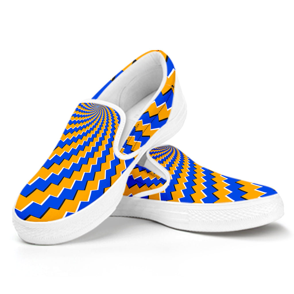 Yellow Spiral Moving Optical Illusion White Slip On Sneakers