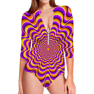 Yellow Splashing Moving Optical Illusion Long Sleeve Swimsuit