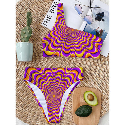 Yellow Splashing Moving Optical Illusion One Shoulder Bikini Top