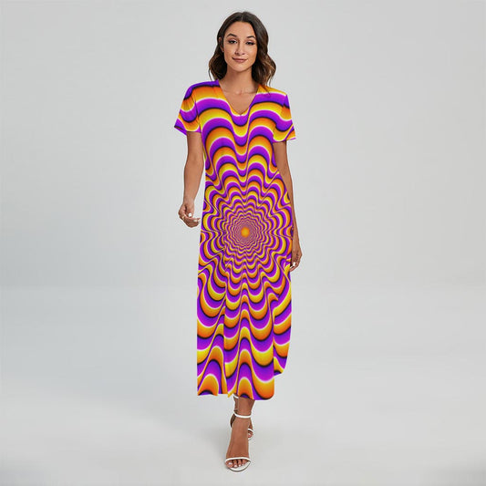 Yellow Splashing Moving Optical Illusion Short Sleeve Maxi Dress