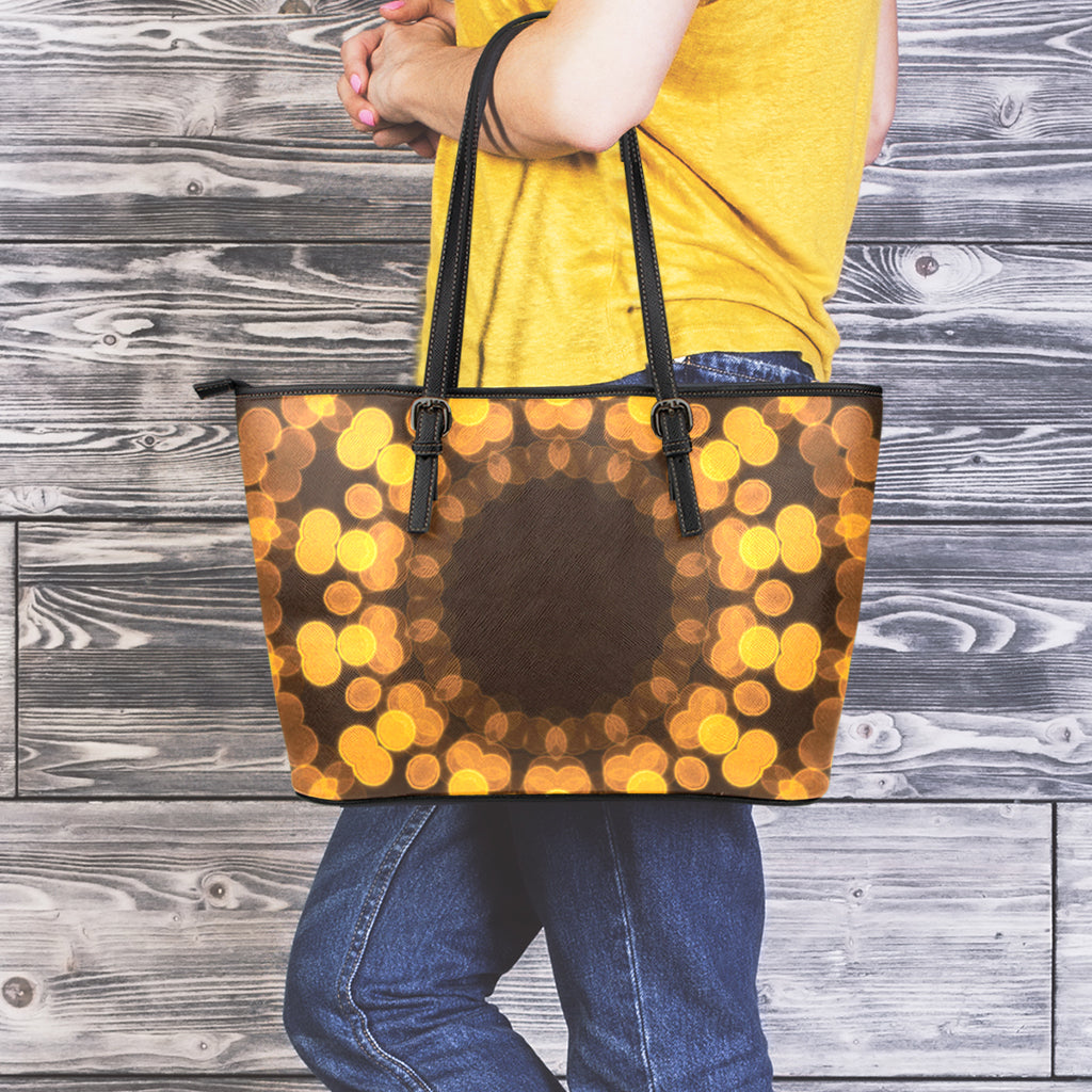 Yellow Spot Kaleidoscope Print Leather Tote Bag