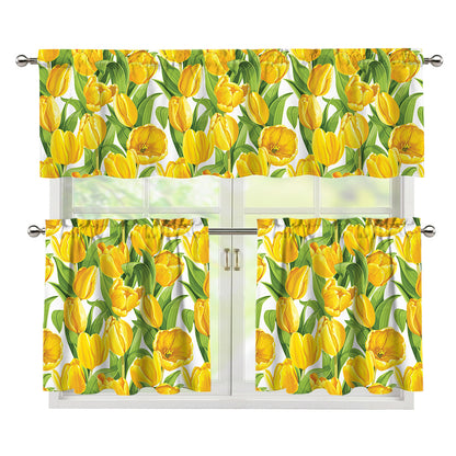 Yellow Spring Tulip Pattern Print 3 Piece Kitchen Curtains