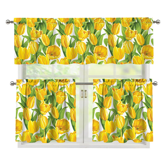 Yellow Spring Tulip Pattern Print 3 Piece Kitchen Curtains