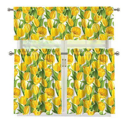 Yellow Spring Tulip Pattern Print 3 Piece Kitchen Curtains
