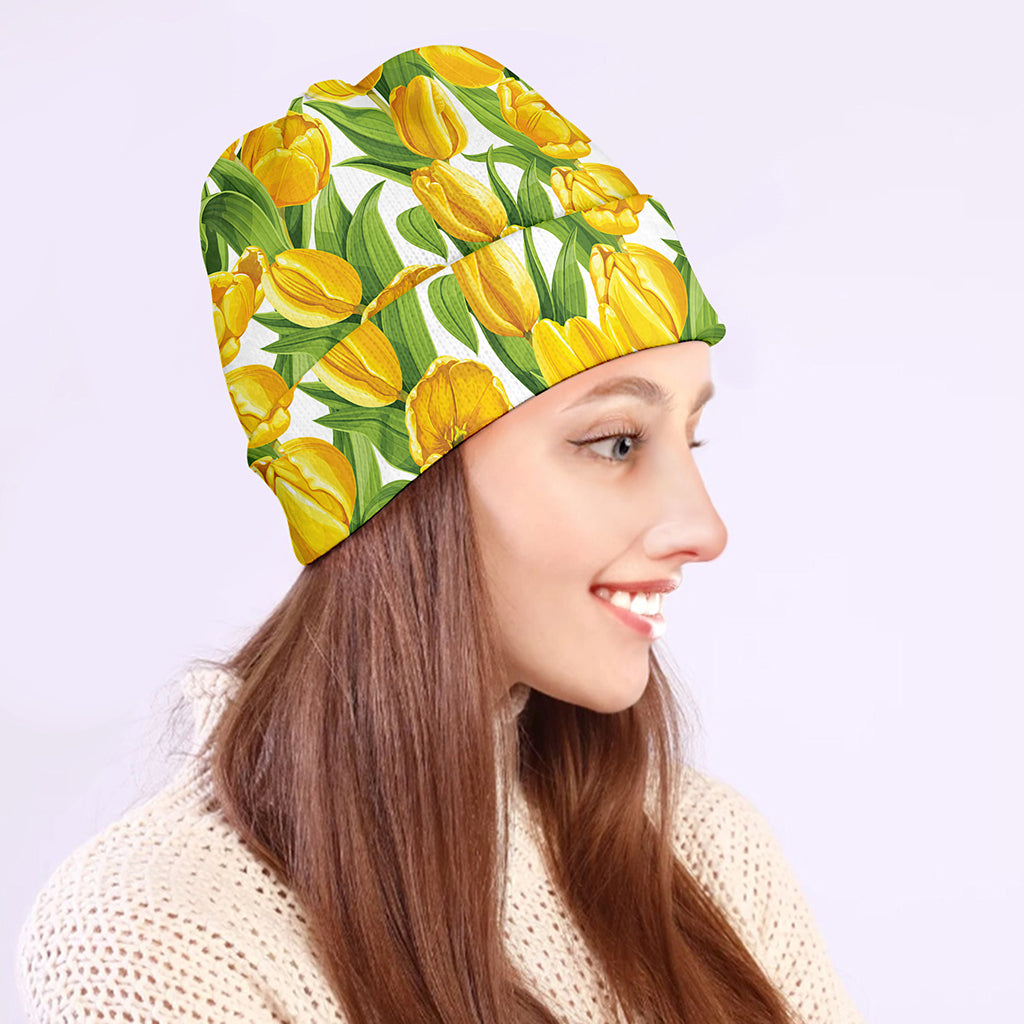 Yellow Spring Tulip Pattern Print Beanie