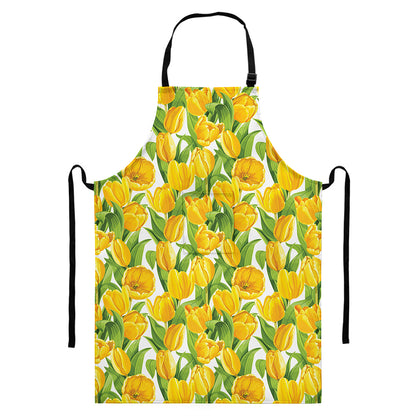 Yellow Spring Tulip Pattern Print Bib Apron With Pocket