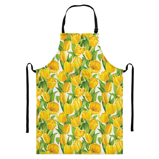 Yellow Spring Tulip Pattern Print Bib Apron With Pocket