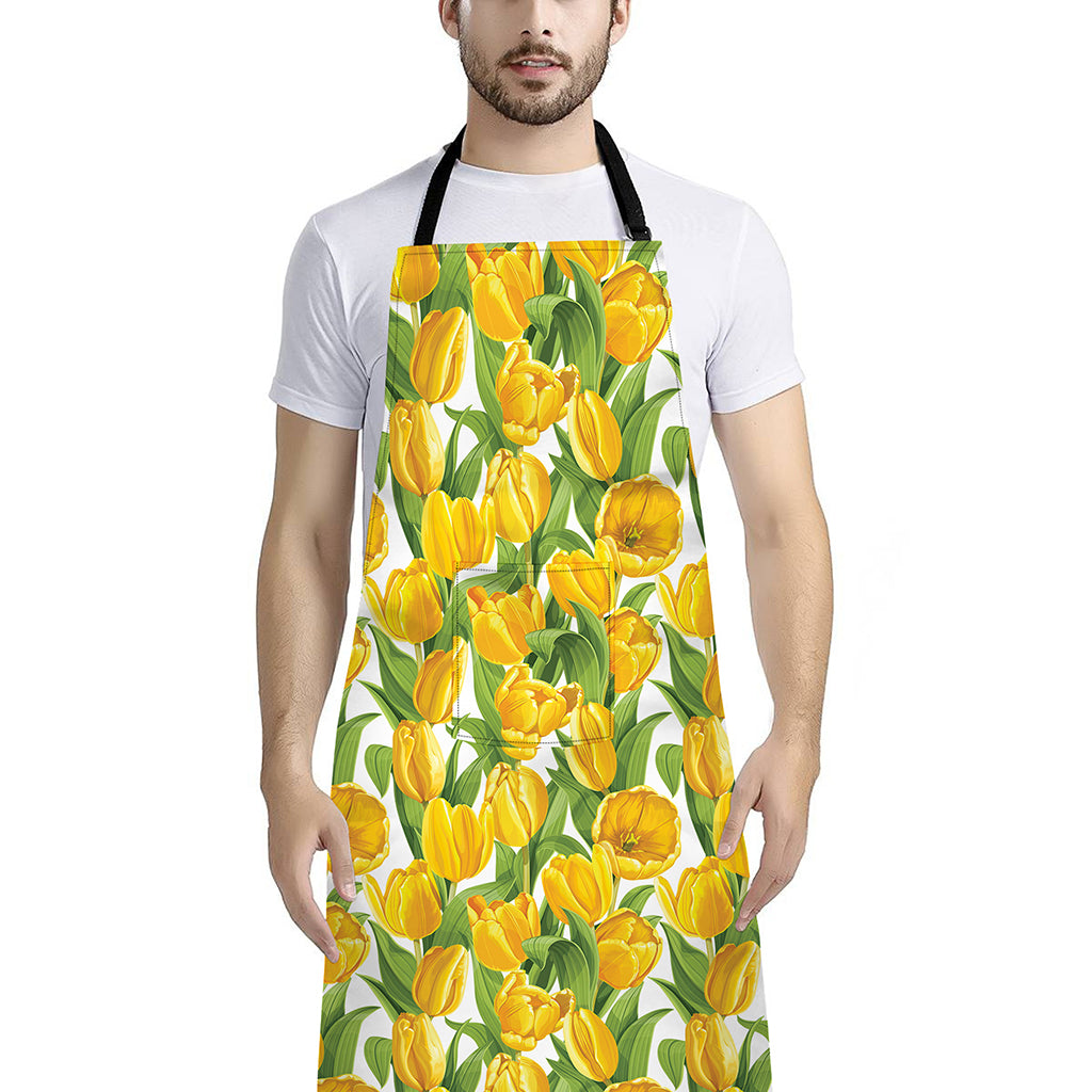 Yellow Spring Tulip Pattern Print Bib Apron With Pocket