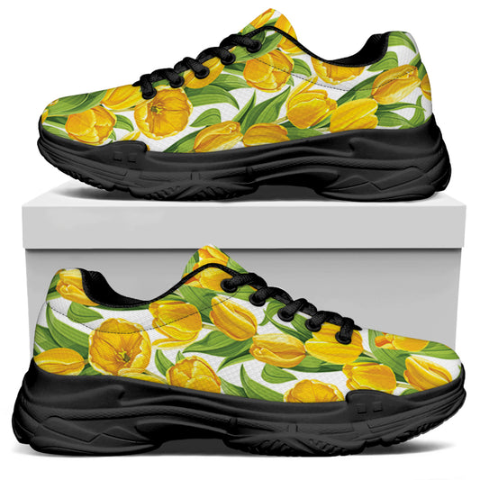 Yellow Spring Tulip Pattern Print Black Chunky Shoes