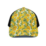 Yellow Spring Tulip Pattern Print Black Mesh Trucker Cap