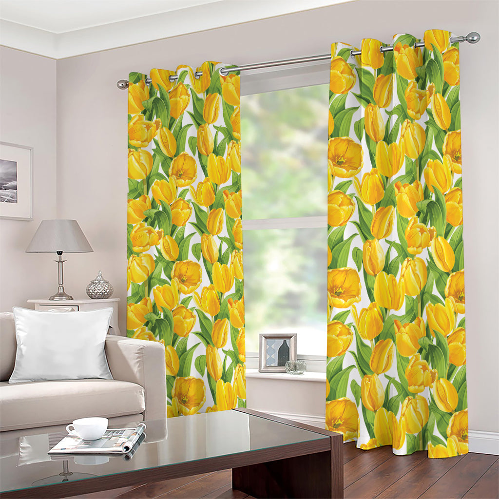 Yellow Spring Tulip Pattern Print Blackout Grommet Curtains