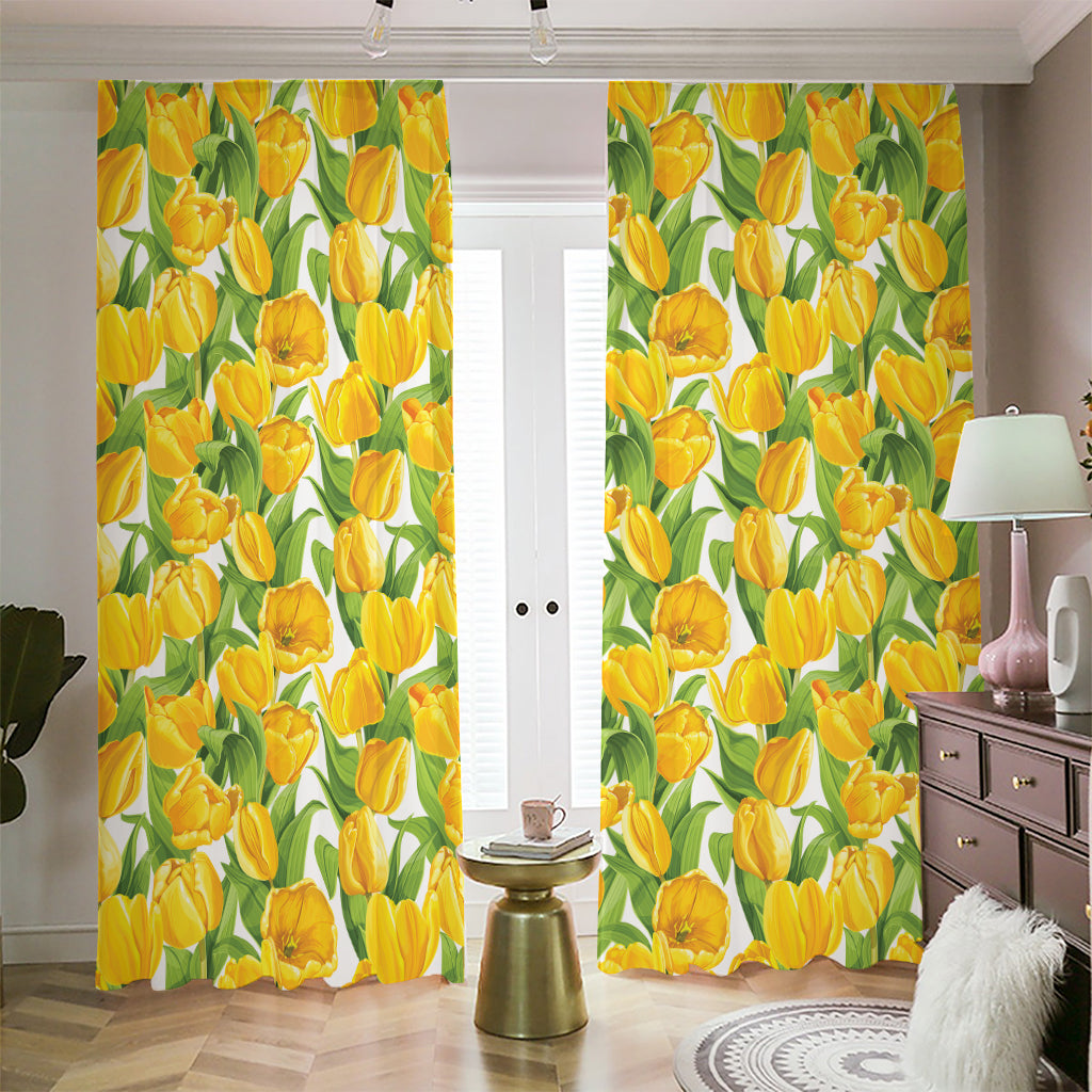 Yellow Spring Tulip Pattern Print Blackout Pencil Pleat Curtains