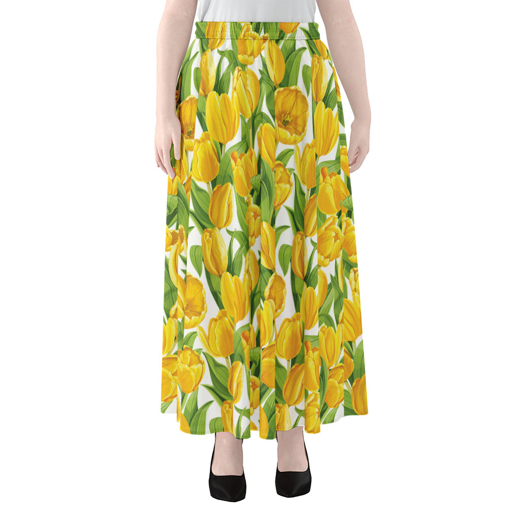 Yellow Spring Tulip Pattern Print Chiffon Maxi Skirt