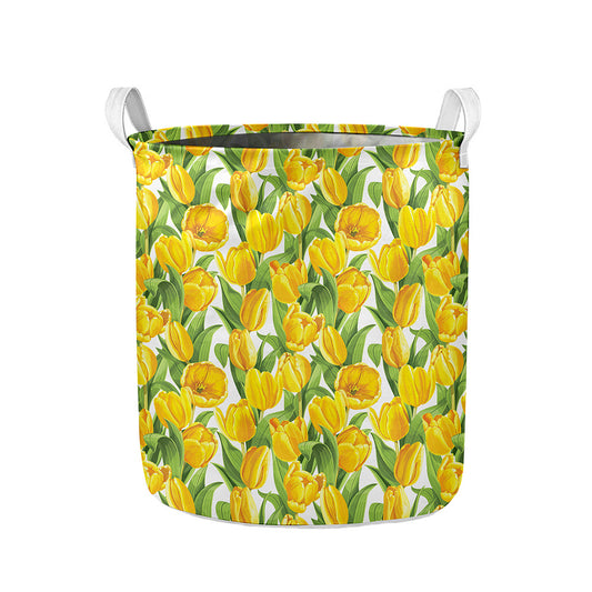 Yellow Spring Tulip Pattern Print Collapsible Laundry Basket