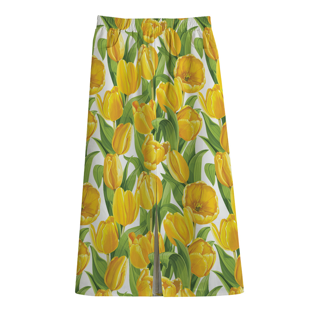 Yellow Spring Tulip Pattern Print Cotton Front Slit Maxi Skirt