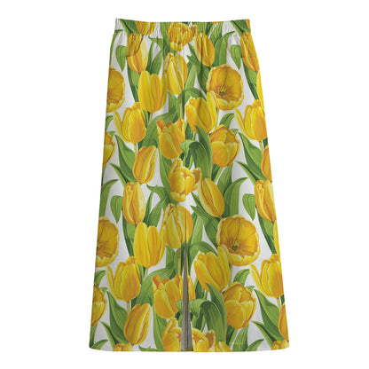 Yellow Spring Tulip Pattern Print Cotton Front Slit Maxi Skirt