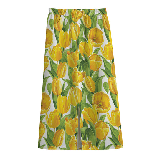 Yellow Spring Tulip Pattern Print Cotton Front Slit Maxi Skirt