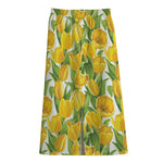 Yellow Spring Tulip Pattern Print Cotton Front Slit Maxi Skirt