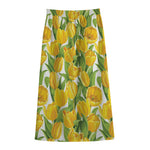 Yellow Spring Tulip Pattern Print Cotton Front Slit Maxi Skirt