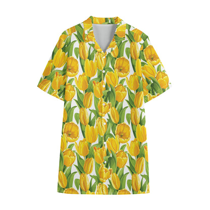 Yellow Spring Tulip Pattern Print Cotton Hawaiian Shirt