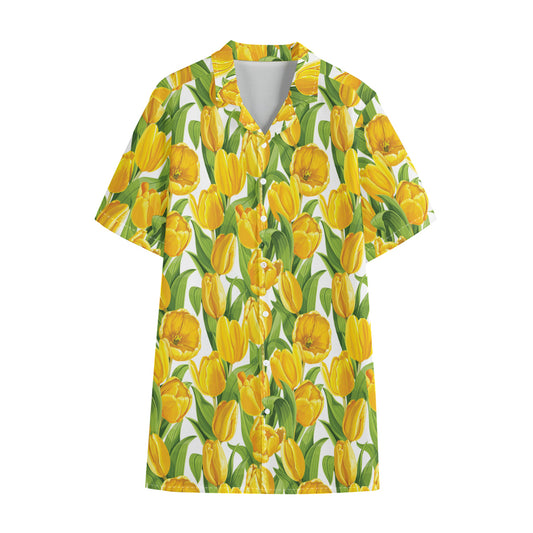 Yellow Spring Tulip Pattern Print Cotton Hawaiian Shirt