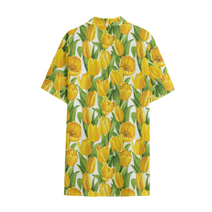 Yellow Spring Tulip Pattern Print Cotton Hawaiian Shirt