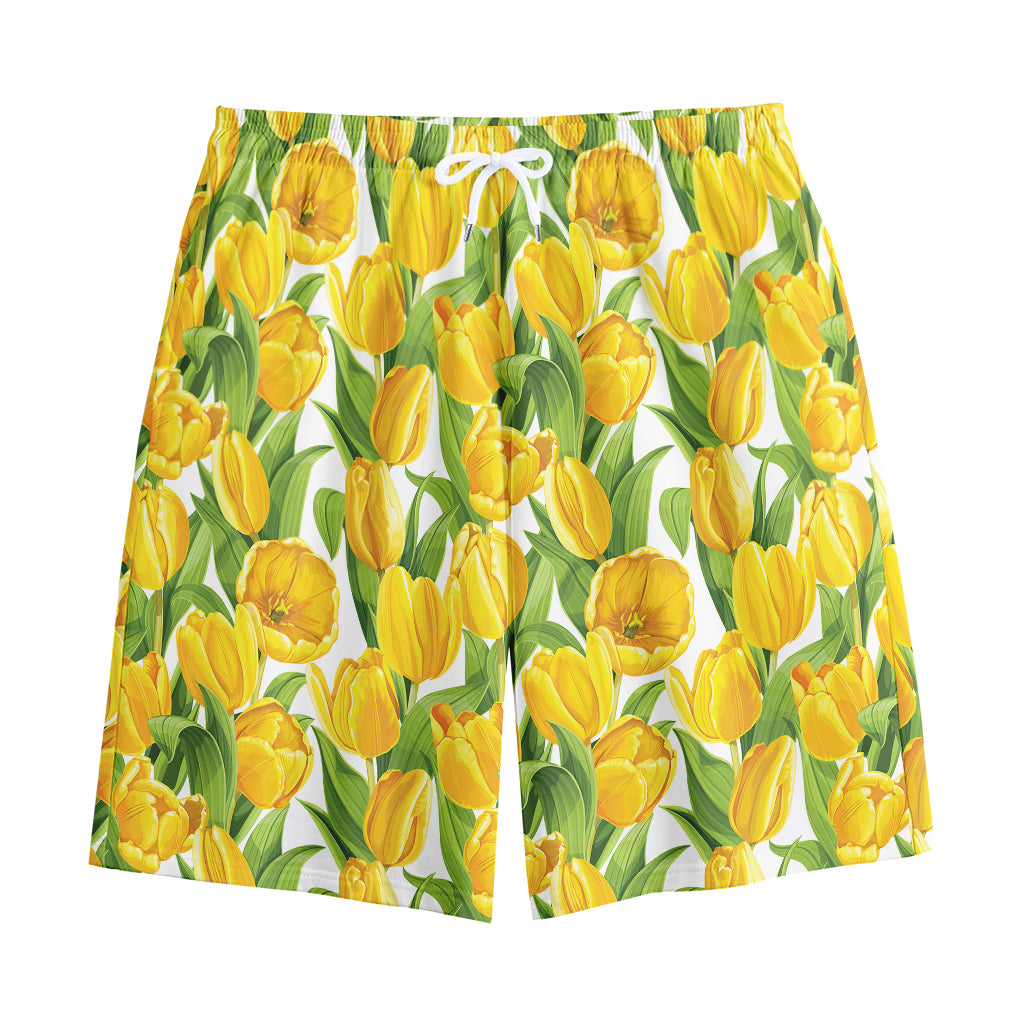 Yellow Spring Tulip Pattern Print Cotton Shorts